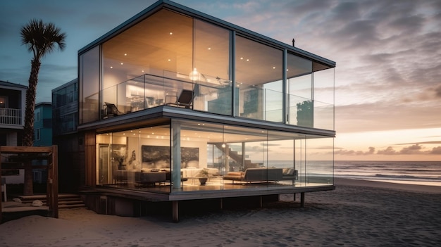 Photo a house on the beach at sunset