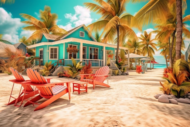 A house on a beach with a blue house on the left.