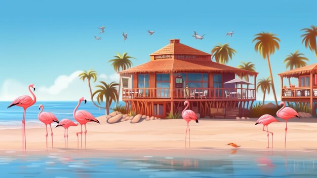 A house on the beach with flamingos on the water and a house with a blue sky in the background