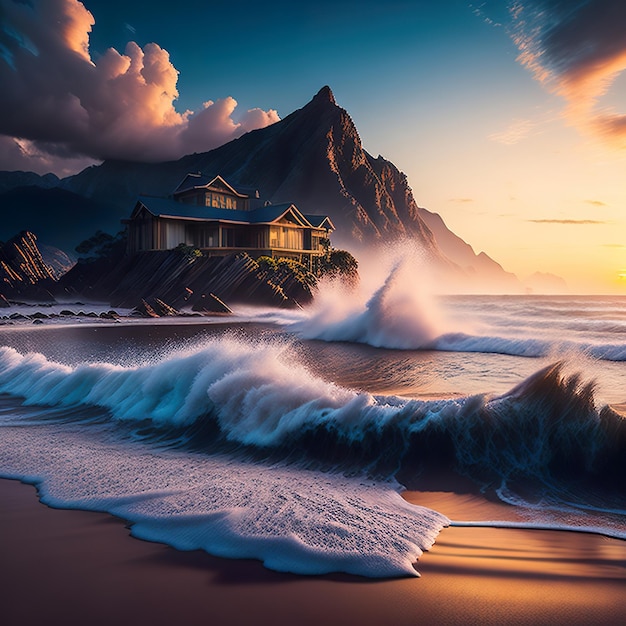 A house on a beach with a mountain in the background