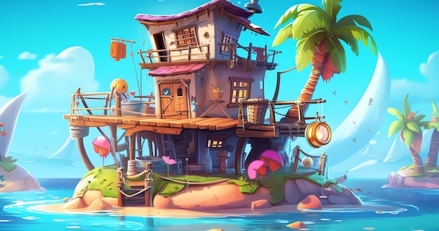 A house on a beach with a palm tree and a boat in the water.