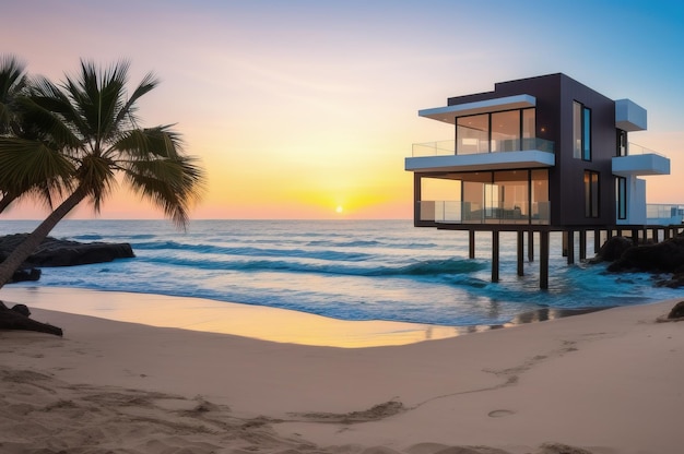 A house on the beach with a palm tree in the foreground.