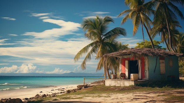 A house on a beach with palm trees and a blue sky with clouds.