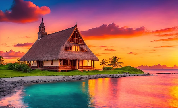 A house on a beach with a sunset in the background