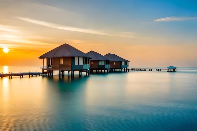 A house on a beach with a sunset in the background