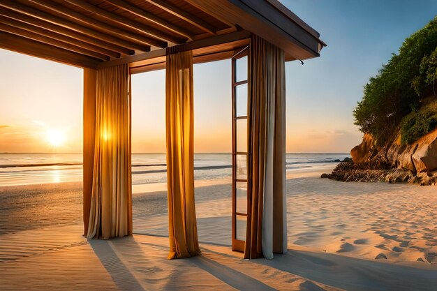 A house on the beach with a view of the ocean and the sun setting behind it