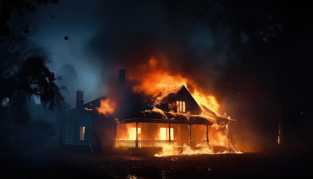 The house burned down in the night in flames