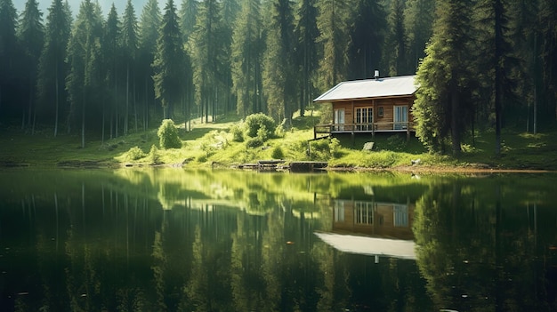 A house by the lake in the forest