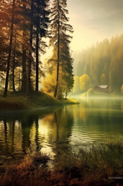 A house by the lake in the forest