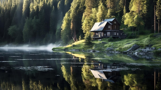 A house by the lake in the morning