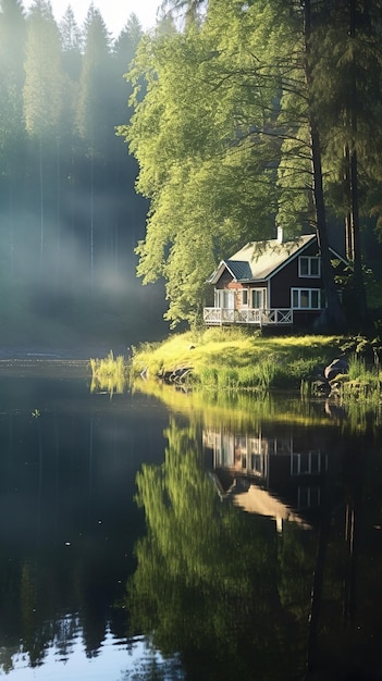 朝の湖畔の家