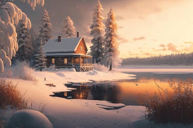 A house by the lake in winter