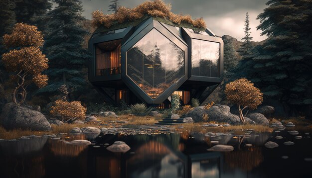 A house by the lake with a forest in the background