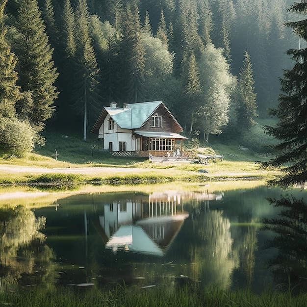 A house by a lake with a green roof and a white roof.