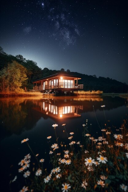 A house by the lake with the lights on