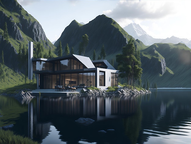 A house by the lake with mountains in the background