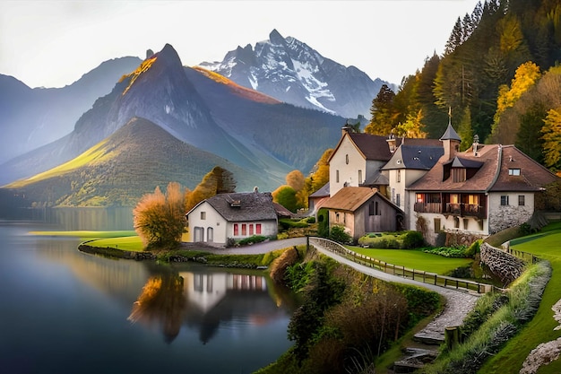 A house by the lake with mountains in the background