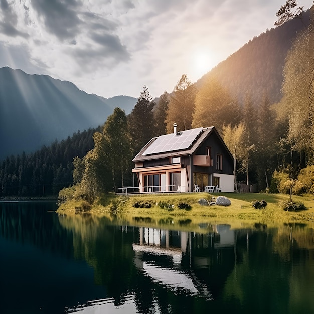 A house by the lake with the sun shining through the clouds