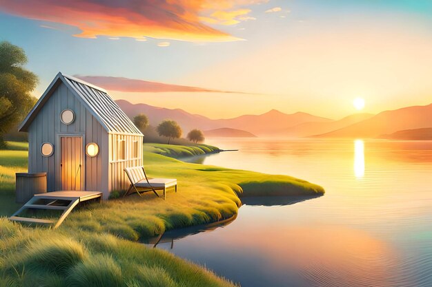 A house by the lake with a sunset in the background