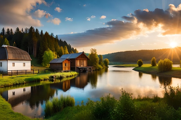 A house by the lake with a sunset in the background