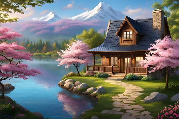a house by the lake with a tree in the background