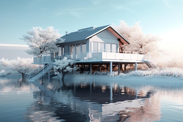 House by the lake with trees on the water