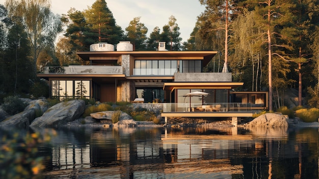 Photo a house by the lake with a view of the lake