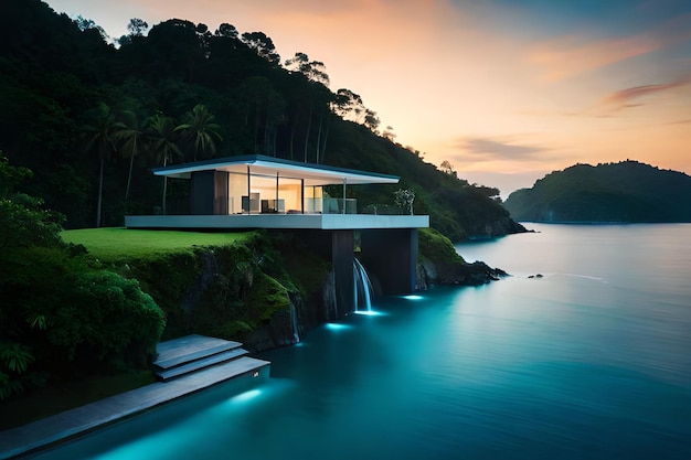 A house by the ocean with a waterfall and a sunset in the background.