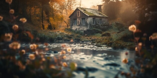 A house by the river in autumn