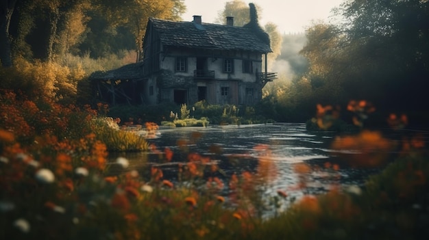 시골의 강가에 있는 집
