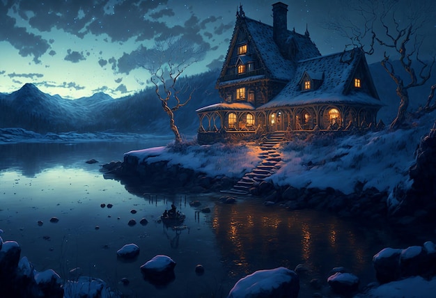 A house by the river at night