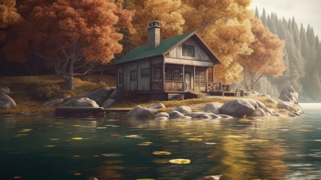 A house by the river with autumn leaves on the roof