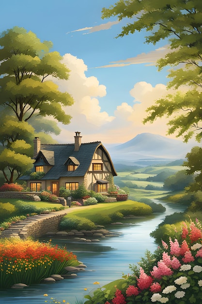 a house by the river with a river and trees