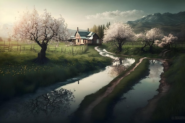 A house by the river with a tree in the background