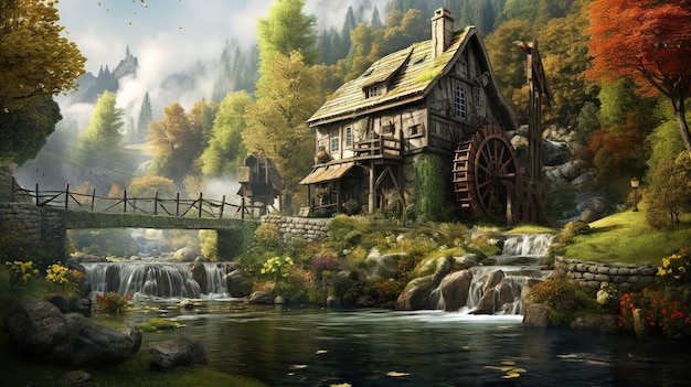 A house by the river with a waterfall and a bridge