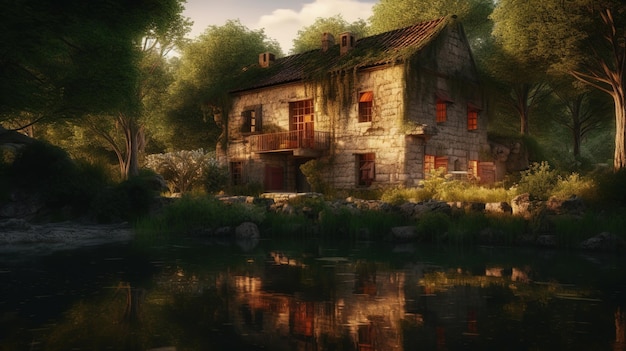 A house by the river with the word house on the left.