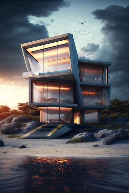 A house by the sea with a cloudy sky