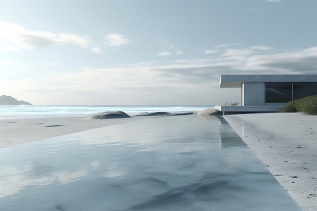 A house by the sea with a pool in the foreground