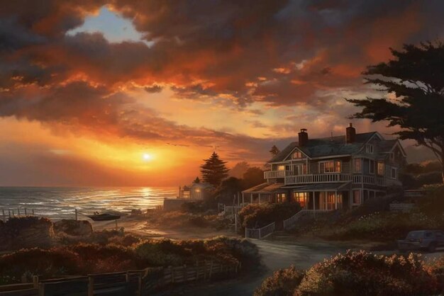 A house by the sea with the sun setting behind it