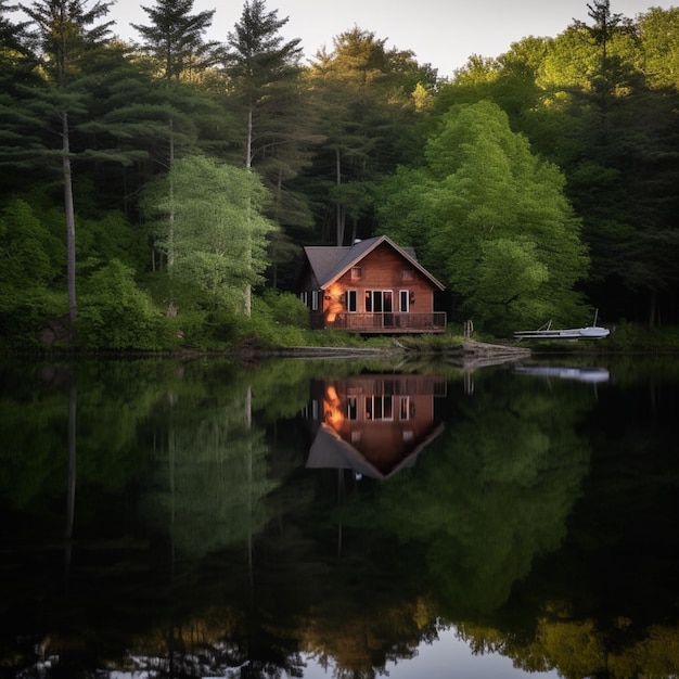 A house by the water is surrounded by trees and the sun is shining.