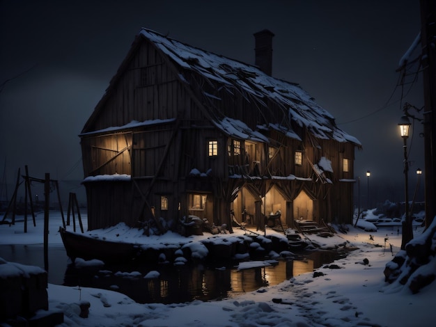 A house by the water with a boat in the foreground