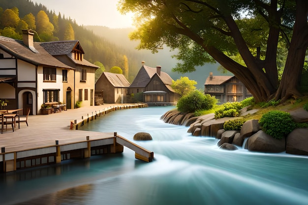 A house by the water with a bridge in the background