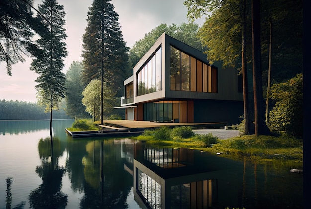 A house by the water with a lake in the background