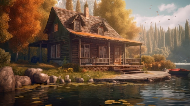 A house by the water with a lake in the background