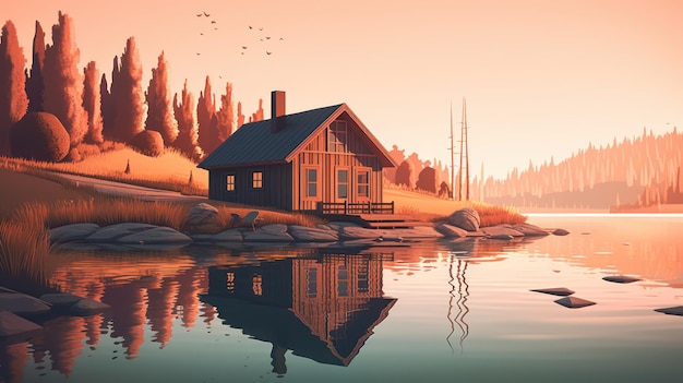 Дом у воды на фоне озера