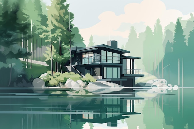 A house by the water with a lake in the background