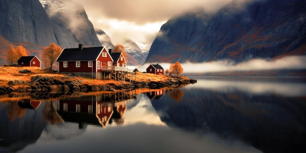 A house by the water with a mountain in the background