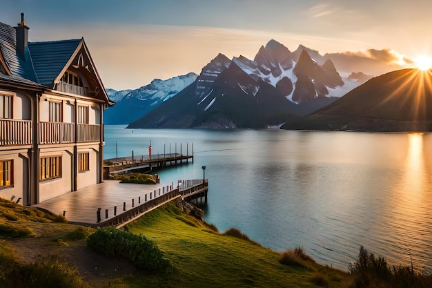 A house by the water with mountains in the background