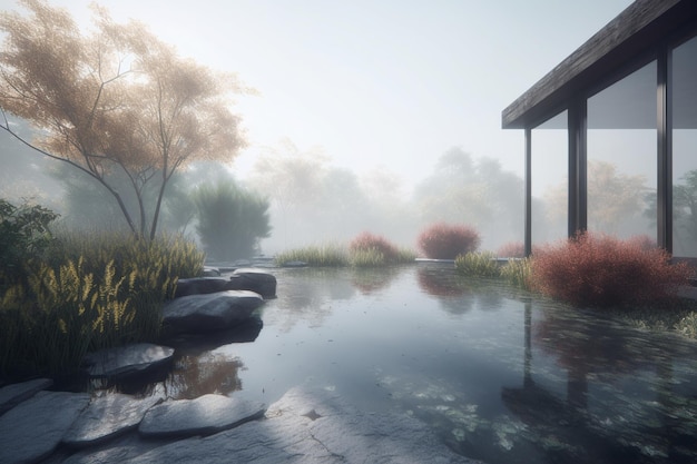 A house by the water with a pond in the foreground