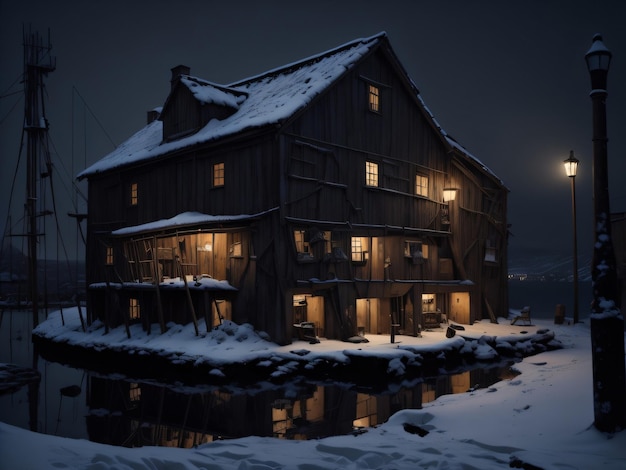 A house by the water with a snowy night in the background.